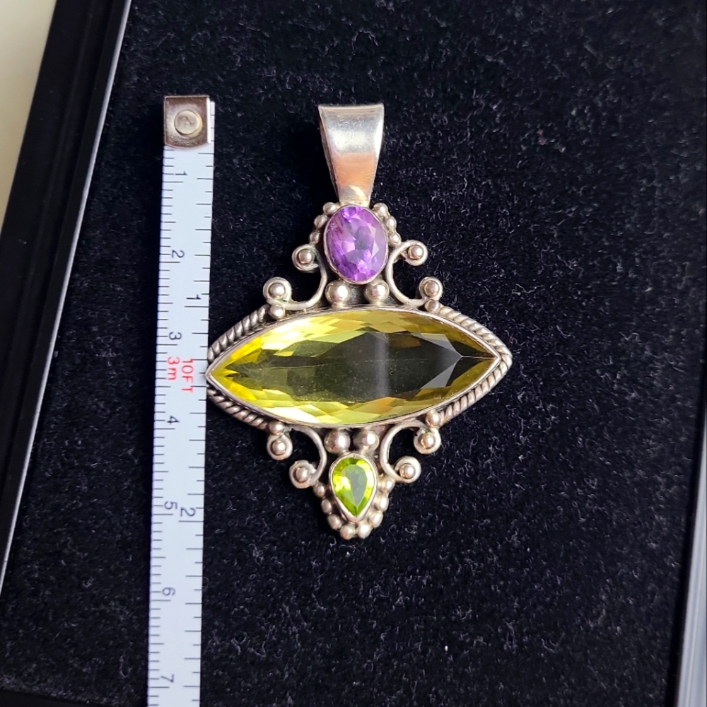 925 Sterling Silver - Topaz Amethyst Tanzanite & Garnet Drop Pendant -